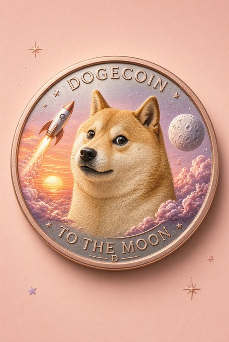 A Dogecoin commemorative coin featuring the iconic Shiba Inu dog, a rocket, the moon, and the text 'DOGECOIN TO THE MOON' on a pink background.