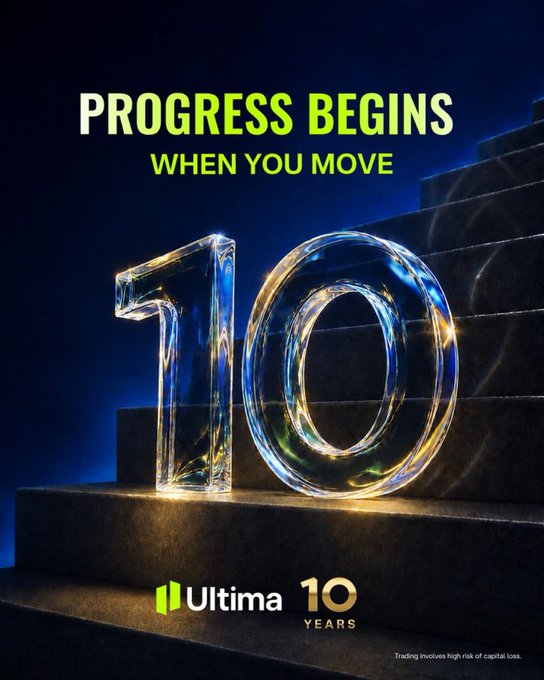 A promotional graphic featuring a large, glossy, 3D number '10' sitting on stone stairs, accompanied by the text 'PROGRESS BEGINS WHEN YOU MOVE' and the Ultima logo with '10 YEARS'.