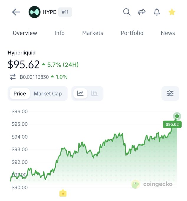 The image shows the CoinGecko price chart for Hyperliquid (HYPE), currently trading at $95.62 with a 5.7% gain over 24 hours. The caption should convey that HYPE is approaching $100, supporting the post's bullish prediction.

**Caption:** "HYPE at $95.62 with a 5.7% 24H gain—looks like $100 could be just around the corner."