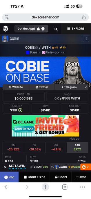 Mobile screenshot of Dexscreener showing the COBIE/WETH token on Base/Uniswap V3, priced at $0.0001583 with $31K liquidity, $158K FDV, and a 277% 24-hour gain.