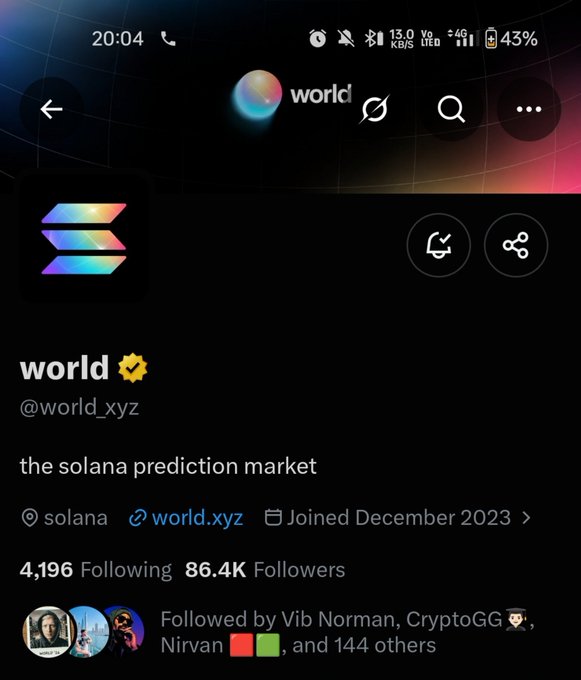 A mobile screenshot of the X (Twitter) profile for 'world' (@world_xyz), described as 'the solana prediction market', with 86.4K followers, linked to solana and world.xyz, joined December 2023.