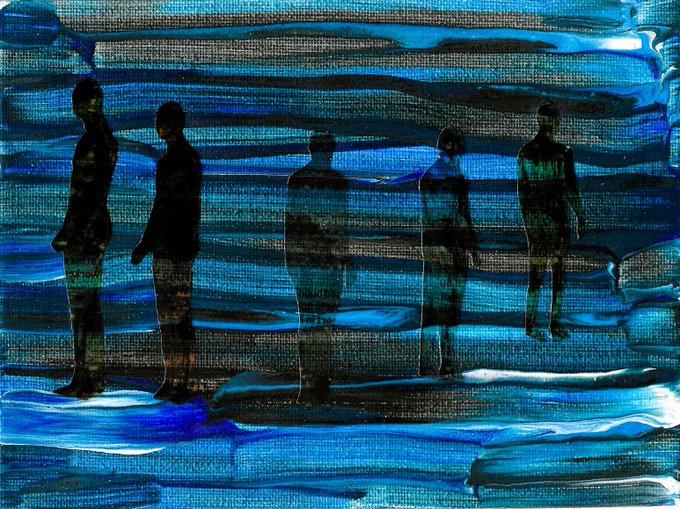 An abstract painting featuring dark silhouettes of five figures standing against a textured background of vibrant blue brushstrokes.