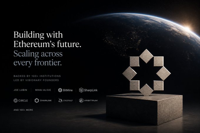 A promotional banner reads "Building with Ethereum's future. Scaling across every frontier." and lists backers including Joe Lubin, Mihai Alisie, BitMine, SharpLink, Circle, Chainlink, Uniswap, and Arbitrum, alongside an image of a metallic structure.