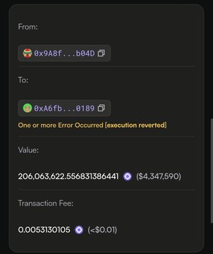 A failed Ethereum transaction showing 206,063,622.556831386441 MON (~$4,347,590) transferred from address 0x9ABF...b84D to 0xa6Fb...0189, with the error "One or more Error Occurred [execution reverted]" and a transaction fee of 0.0053130105 ETH. The image illustrates the post's description of a $4.3 million MON airdrop transfer that failed, with funds neither reaching the recipient nor returning to the sender.