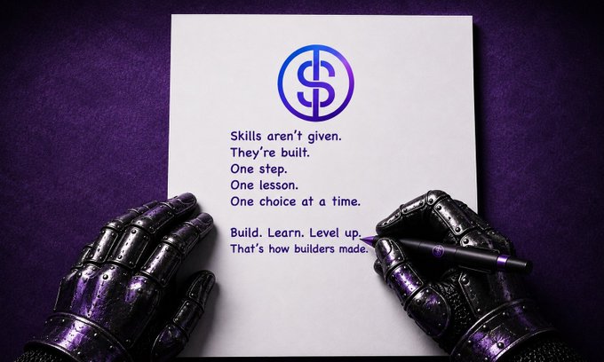 An AI-generated image of metallic robotic hands writing on paper with a dollar sign logo, featuring the text 'Skills aren't given. They're built. One step. One lesson. One choice at a time. Build. Learn. Level up. That's how builders made it.'