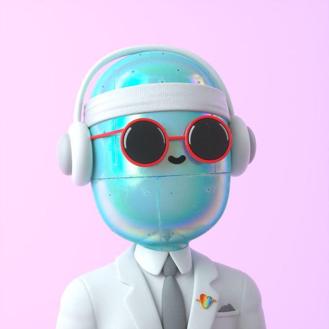 A 3D rendered character with a holographic iridescent head, wearing white headphones, red round sunglasses, a white suit with gray tie, and a colorful heart pin against a pink background.