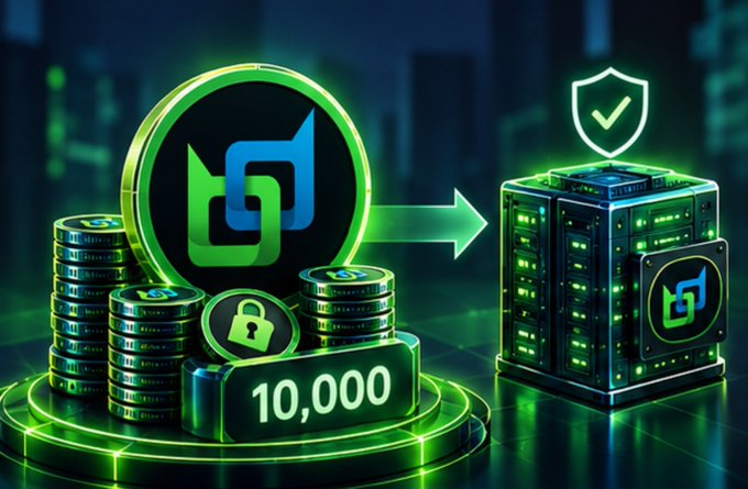 A digital graphic shows a green logo and stacked coins representing 10,000 units being transferred into a server rack with a security shield icon.