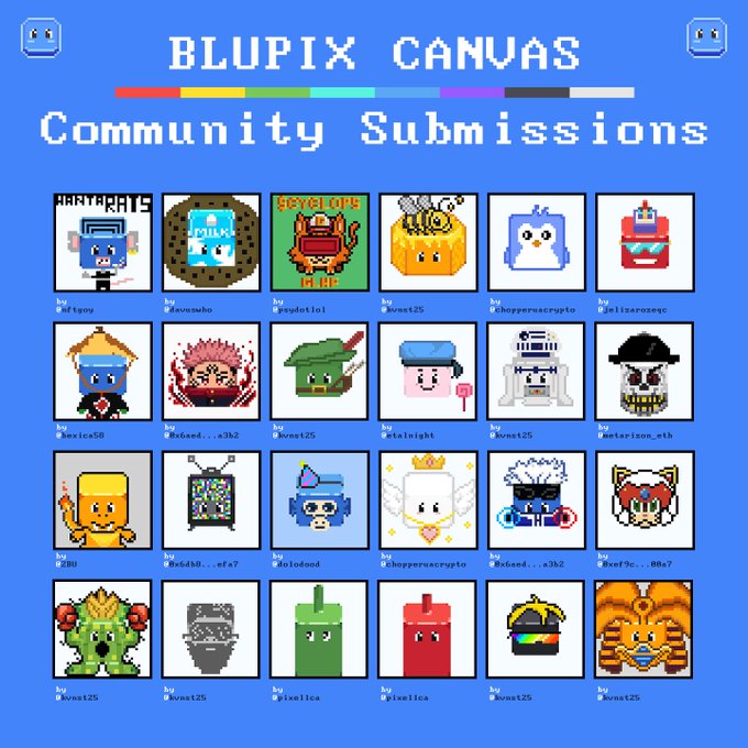 The image displays a "BLUPIX CANVAS Community Submissions" gallery showcasing 24 pixel-art characters and designs arranged in a grid, featuring various creatures, robots, and themed art pieces by different artists (such as @ffoxy, @kovus0ko, @kuvst25, and others) with a colorful progress bar at the top. The vibrant community showcase directly supports the post's call to vote for favorite creations and encourages new artistic submissions to the collaborative canvas project.