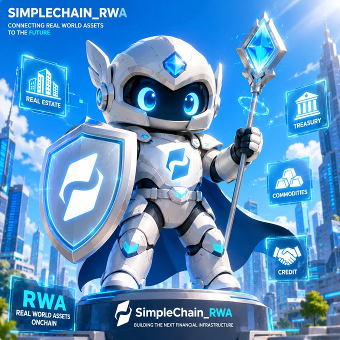 The image features a robot wearing a white suit, holding a sword and shield, standing in front of a city skyline. The robot appears to be a character from a video game or animated movie. The background shows buildings and other elements typical of an urban setting. The caption below the image reads "Simplechain RWA Real World Assets Are Sitting Idle Tradfi Giants are Desperate for onchain yield Are we finally at the tipping point for real world asset adoption? We will find out how the plumbing is actually being built with the team from @SimpleChain_RWA and other industry leaders".