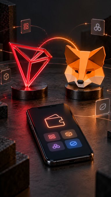 A digital artwork showing a red glowing diamond shape and an orange geometric fox head on pedestals, with a smartphone displaying wallet and blockchain icons in the foreground.