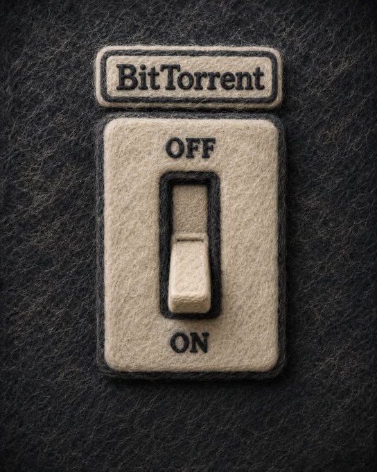 A felt-textured switch labeled "BitTorrent" sits in the "OFF" position, suggesting the choice to give digital connectivity a tangible, deliberate form—turning on (or off) the peer-to-peer experience with physical weight. The tactile design playfully transforms the abstract act of torrenting into something you can literally flip.