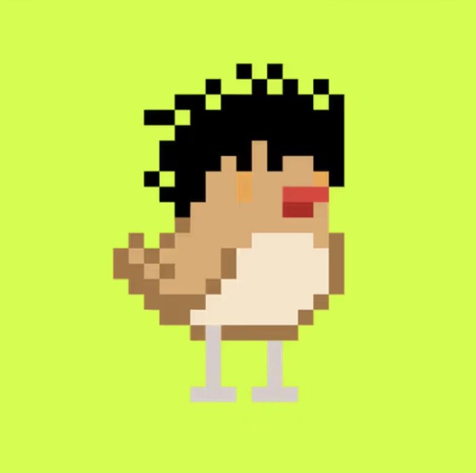 A pixel art character with messy black hair, a red headband, and a white top standing on a bright green background.