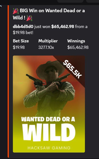 A screenshot showing a Discord-style notification of a $65,462.98 win on the "Wanted Dead or a Wild" Hacksaw Gaming slot from a $19.98 bet, directly illustrating the post's claim of a $20-to-$65k win shared in the MetaWin Discord.
