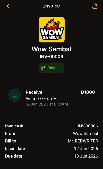 The image features a screenshot of an invoicing app or website that's specifically designed for sellers based in the United States to handle international sales, including one from the seller Mr. @REDWRITER. The app allows customers to pay using Dogecoin, which is also referred to as "WOW Sambal". It enables international transactions and has been successful in facilitating these purchases.