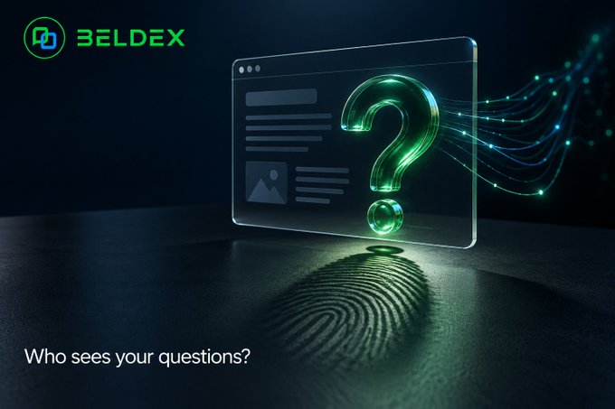 A promotional graphic for 'BELDEX' features a glowing green question mark on a digital screen with the tagline 'Who sees your questions?'