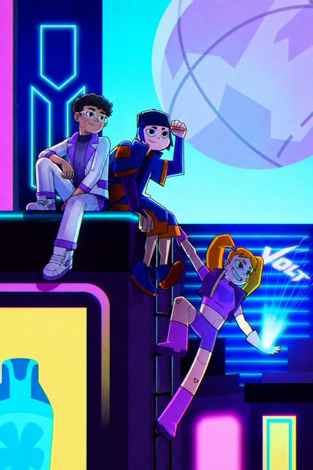 A vibrant cartoon-style illustration shows three characters in a neon-lit, futuristic setting, with one character holding a glowing blue light labeled 'Volt.'