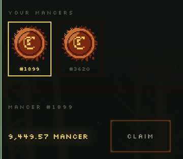 A digital interface showing "YOUR MANCERS" with two accounts #1899 (9,449.57 MANCER) and #3620, featuring a "CLAIM" button.