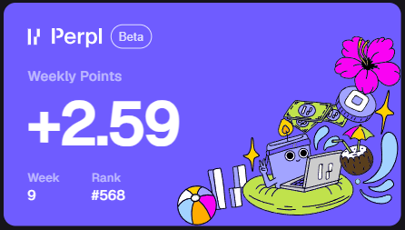 A Lil Perpl Beta weekly points summary showing +2.59 points for Week 9 at Rank #568, decorated with colorful illustrations of a flower, coins, and a coconut drink.