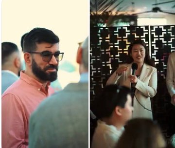 A split image showing two separate photos: on the left, a bearded man with glasses wearing a pink shirt, and on the right, a smiling woman in a white blazer speaking into a microphone at what appears to be an event.