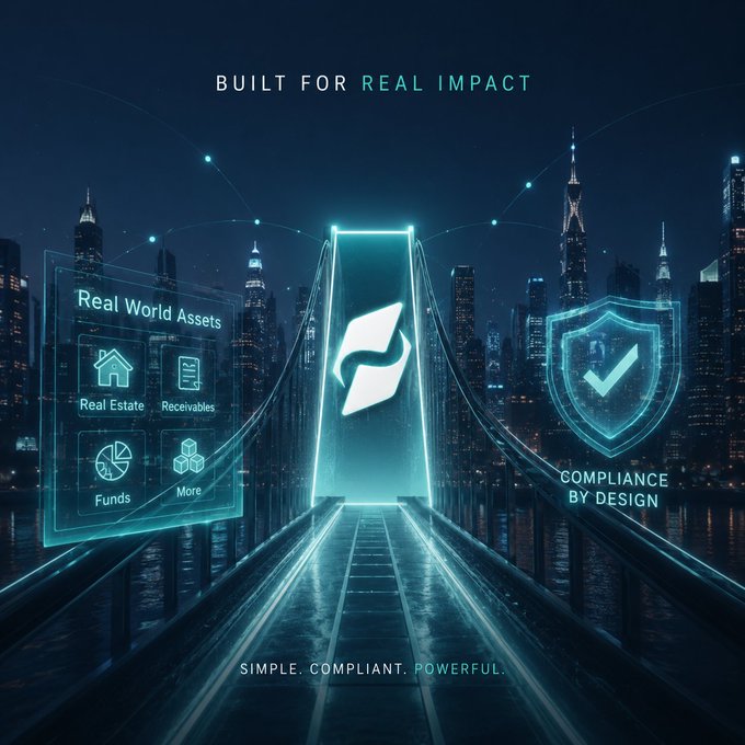 A promotional graphic titled 'BUILT FOR REAL IMPACT' and 'SIMPLE. COMPLIANT. POWERFUL.' showing the Robinhood Chain logo on a glowing bridge over a city skyline, flanked by 'Real World Assets' (Real Estate, Receivables, Funds) and 'COMPLIANCE BY DESIGN' holographic panels.