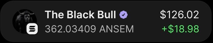 The image shows a wallet profile card for "The Black Bull" with a verified checkmark, displaying a balance of 362.03409 $ANSEM tokens valued at $126.02 with a gain of +$18.98 in green. The card illustrates a profitable $ANSEM trade, aligning with the accompanying post detailing how the wallet turned a $19,600 investment into over $150,000 in profit.