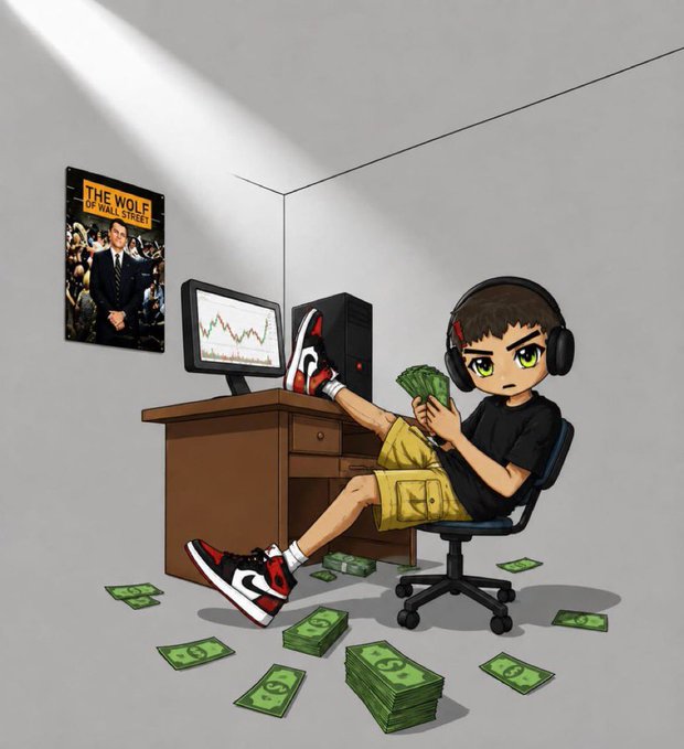 A digital illustration of a young character with headphones sitting casually at a desk holding cash, with a computer displaying stock charts, a 'THE WOLF OF WALL STREET' poster on the wall, and money scattered on the floor.