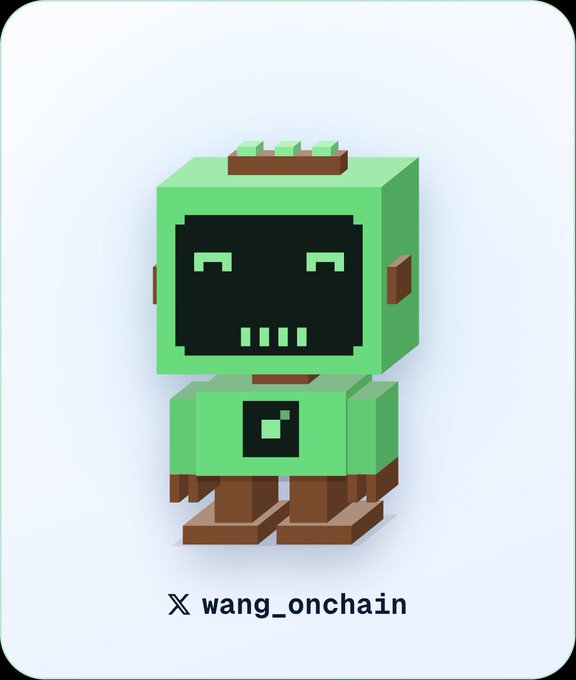 A 3D voxel-style green robot character with a black face panel, green eyes, and a square chest symbol, displayed on a light background with the text 'X wang_onchain' beneath it.