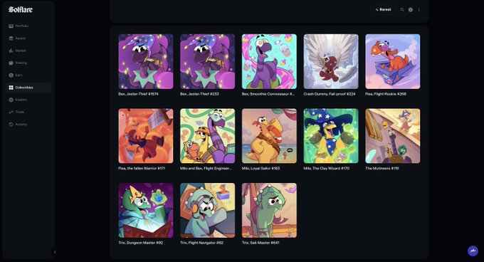 A screenshot of the Solflare wallet interface displaying a 'Collectibles' section with various Disney and Pixar character NFT cards including 'Boq, Jester-Thief', 'Boq, Smoothie Connoisseur', 'Pluto, Flight Rescue', 'Flint, the Fallen Warrior', and others.