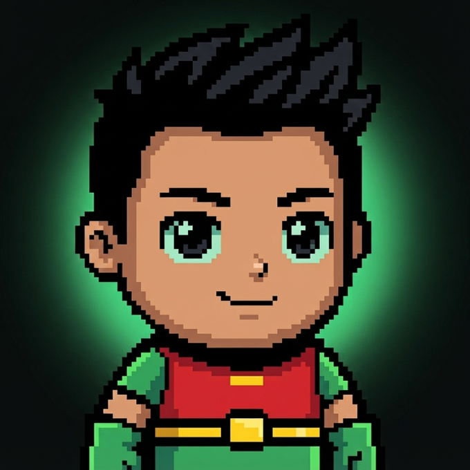 A pixel art avatar of a young boy with spiky black hair and green eyes wearing a red and green outfit against a glowing green background.
