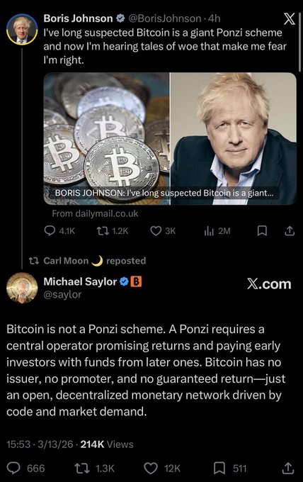 The image features a Twitter post with two different posts displayed side by side, one of which is about Bitcoin. The first post has a photo of a man wearing a suit and tie, while the second post includes a photo of a pile of Bitcoins. The text in both posts reads " Boris Johnson I've long suspected Bitcoin is a central operator promising a return and paying early ones with funds from later ones".