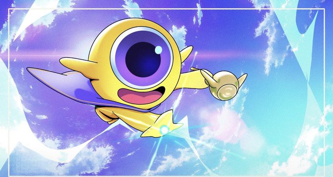 A yellow, one-eyed cartoon character flies joyfully across a bright sky in this whimsical anime-style illustration, complementing the festive giveaway post for Everdraw RPG spots.