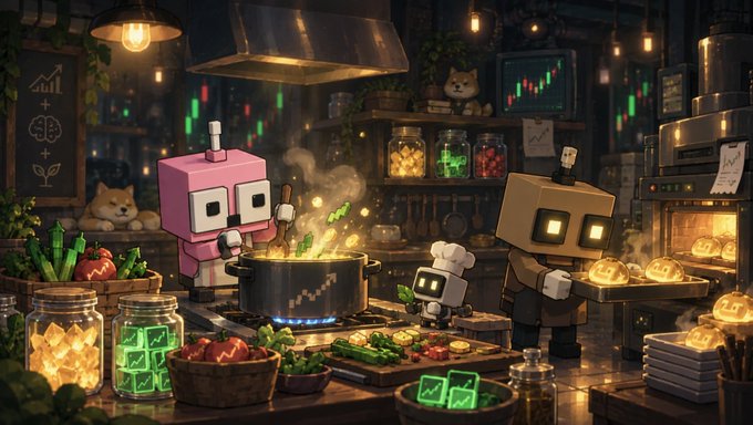 A cozy digital illustration of boxy robots cooking together in a warm kitchen, surrounded by glowing jars of ingredients, vegetables, and a cat in the background.