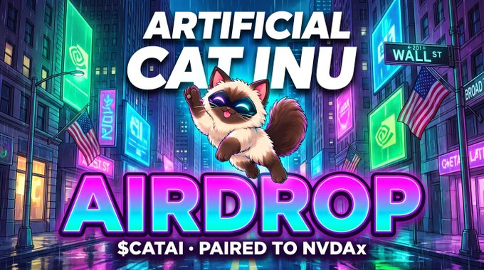 The image is a vibrant, neon-lit advertisement for "ARTIFICIAL CAT INU" featuring a cartoon cat mascot, with bold text promoting an "$CATAI · PAIRED TO NVDax" airdrop on a Wall Street-themed street backdrop.

**Note:** This appears to be a scam. The image promotes a cryptocurrency "airdrop," and the accompanying post promises to send $10,000 to a follower who likes and follows within 12 hours—a classic engagement-bait tactic used to artificially inflate social media accounts, often tied to pump-and-dump crypto schemes or phishing scams. There is no realistic way to verify or receive such a payment, and the "NVDax" pairing name appears designed to piggyback on NVIDIA's (NVDA) reputation fraudulently.