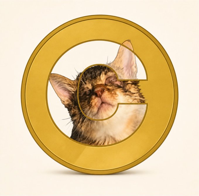 A gold "C" token featuring a calico cat's face inside the letter, matching the CATE memecoin's cat imagery, is displayed against a light background to visually represent the satirical "CAT COINS on SOLANA" thesis.