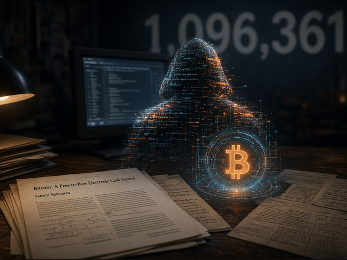 A hooded, code-strewn silhouette of Satoshi Nakamoto hovers over his original "Bitcoin: A Peer-to-Peer Electronic Cash System" whitepaper, with a glowing Bitcoin symbol at its center and the number "1,096,361" displayed prominently in the background—visually evoking the newly launched "Satoshi AI" trained on his writings, emails, and forum posts to resurrect his voice from the past.