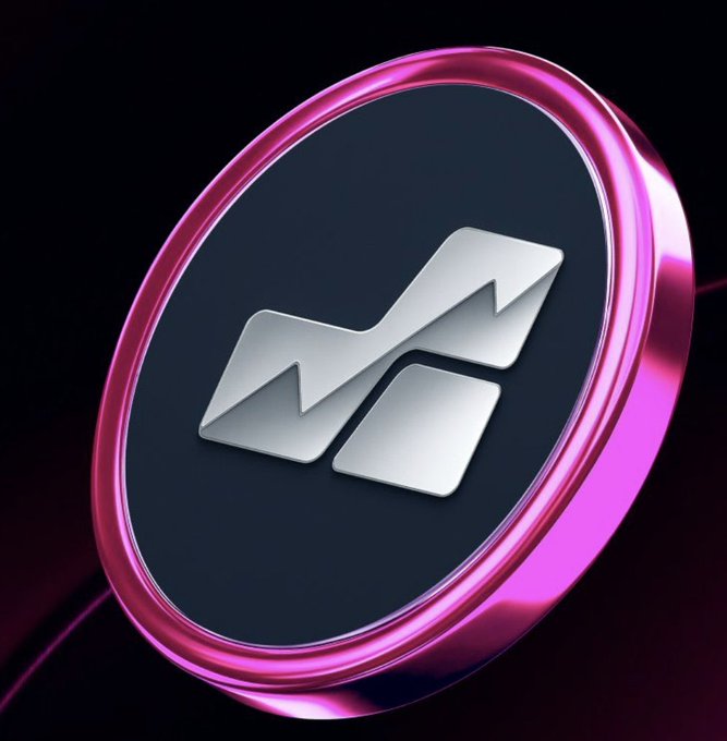 A circular metallic badge with a glowing pink edge displays a stylized silver 'M' or rising graph logo on a black background.