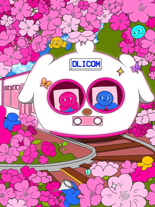 A colorful illustration of a white mascot train labeled 'DLICOM' with pink and blue characters inside, traveling through a vibrant pink cherry blossom landscape with small characters scattered throughout.