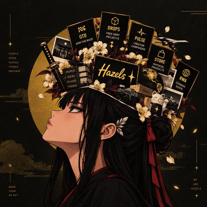 Anime-style illustration of a woman in profile with an elaborate headdress of cards, flowers, a camera, and katana labeled 'Hazels', 'DROPS', 'GTD', 'PULSE', 'STORE', and 'RWA'.