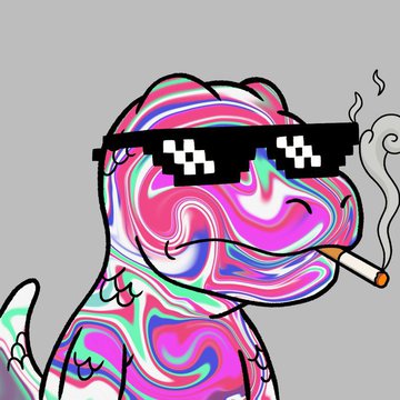 A colorful psychedelic cartoon dinosaur wearing pixelated “deal with it” sunglasses smokes a cigarette against a gray background.
