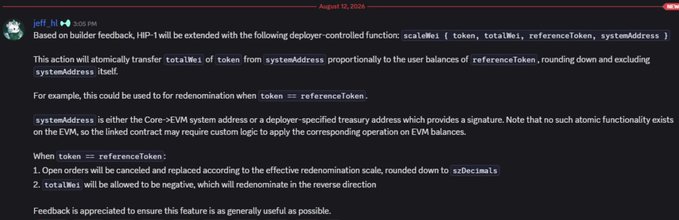 A screenshot of a forum or message board post dated August 12, 2024, from a user named 'jeff' about 'aegis f.m', detailing a builder feedback suggestion to extend HIP-1 for a deployer-controlled function to atomically transfer tokens for redenomination.