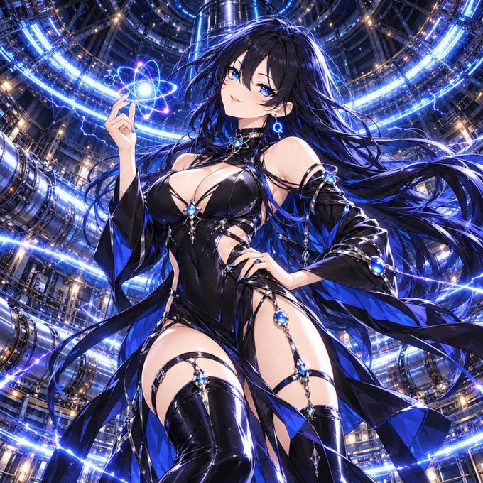 An anime-style digital illustration of a female character with long dark blue hair and blue eyes, wearing a revealing black outfit with blue gemstone accents, set against a sci-fi background of circular, glowing blue machinery.