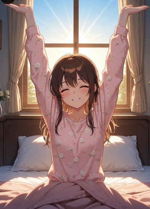 The image features a woman with her arms raised, possibly waking up or stretching, sitting on a bed near a window. The room has white pillows and a pink blanket, creating a cozy atmosphere. There are also two potted plants in the scene - one located next to the window and another further away from it. The background of the image is filled with sunlight streaming through the window, illuminating the woman's face as she stretches her arms out.