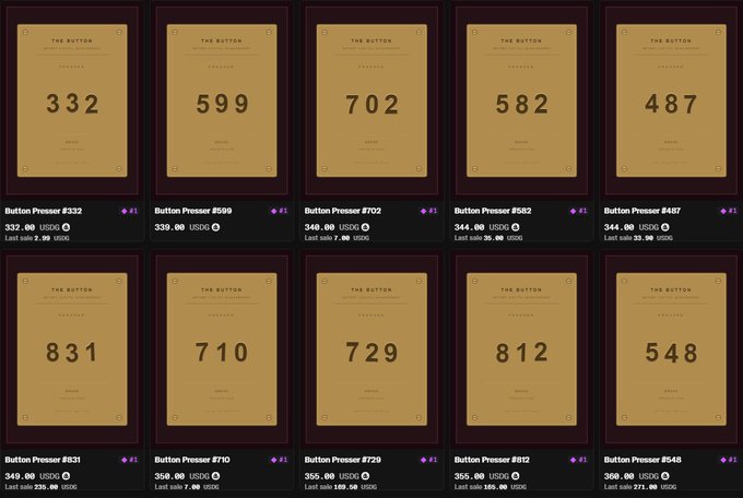 A grid of ten "Button" collectible token cards on FOMO.Family displays winning numbers (332, 599, 702, 582, 487, 831, 710, 729, 812, 548) with prices ranging from 332–599 USDC and market caps between 334–360k USDC, supporting the post's claim of tracking multiple 3x–5x gains shortly after sharing insider picks like $INSIDERS.