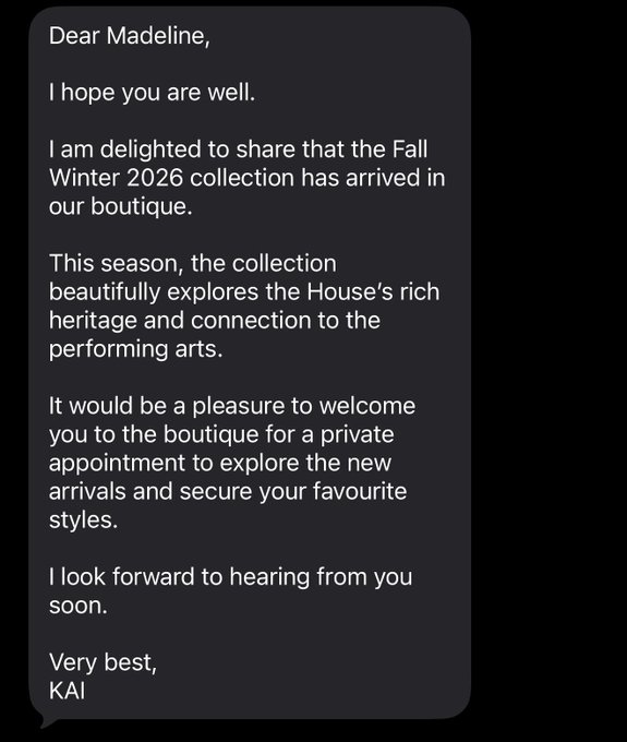 Text message from KAI addressed to Madeline announcing the Fall Winter 2026 collection at a boutique, inviting her to a private appointment.