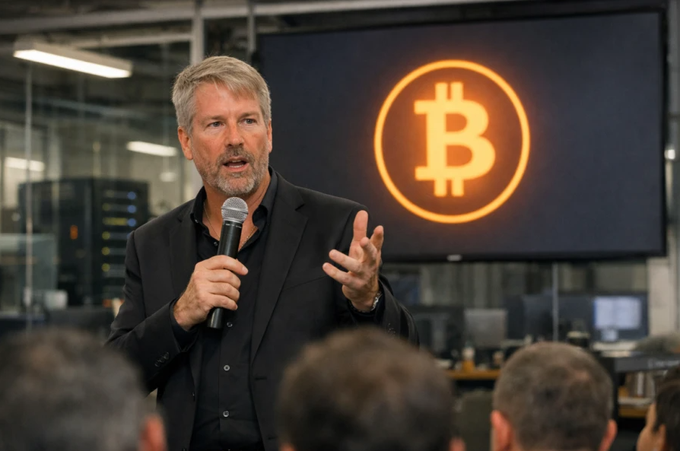 Michael Saylor speaks into a microphone at a Bitcoin-focused event, with the iconic orange "₿" Bitcoin logo displayed on a large screen behind him, embodying his unwavering conviction in BTC as a long-term treasury asset now worth $3 billion.