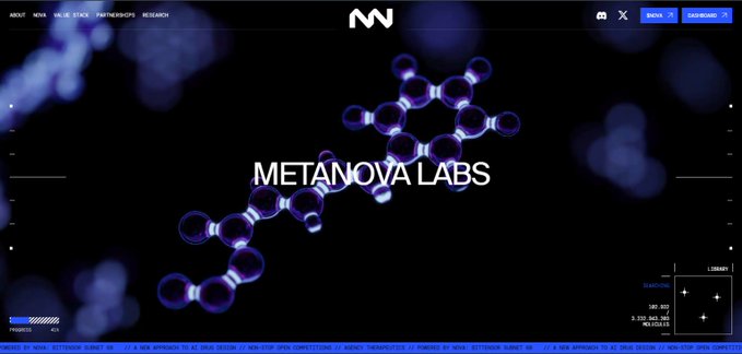 The image shows the MetaNova Labs website homepage featuring a dark, scientific design with a glowing purple molecular structure in the background and "METANOVA LABS" prominently displayed in the center, aligning with the post's description of their AI drug design platform built on Bittensor Subnet 68 and powered by the $NOVA token.