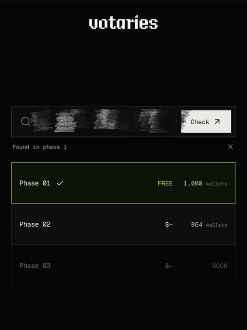 A dark-themed web interface for 'votaries' showing a search bar, with three phases listed below: 'Phase 01 FREE 1,000 wallets' (checked), 'Phase 02 $- 864 wallets', and 'Phase 03 $- SOON'.