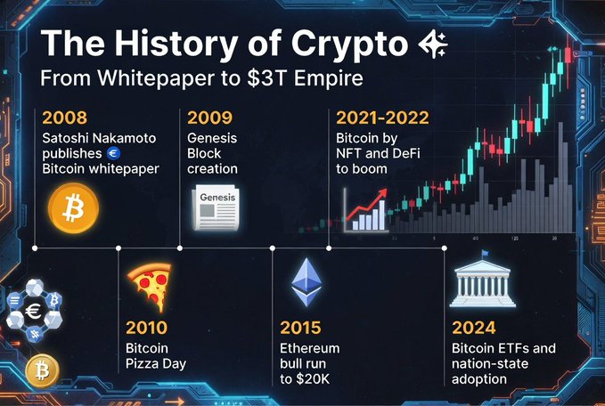The image presents a timeline of major milestones for Bitcoin history from 2008 to present day. These milestones include the release of Bitcoin whitepaper by Satoshi Nakamoto during a financial crisis, the first Bitcoin mined at $0.41 to $1B+ in 2009, Ethereum launching smart contracts in 2015, and bull runs reaching $20k in 2017 and beyond.