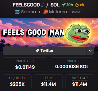 The image shows a crypto token profile page for "FEELSGOOD" with the ticker FEELSGOOD/SOL, featuring a "Feels Good Man" Pepe meme graphic against a sunset background, displaying metrics including a price of $0.01149, liquidity of $205K, FDV of $11.4M, and market cap of $11.4M. This visually represents the memecoin featured in the accompanying post, which discusses $FEELSGOOD as part of the StonkFun meta trending on Solana.