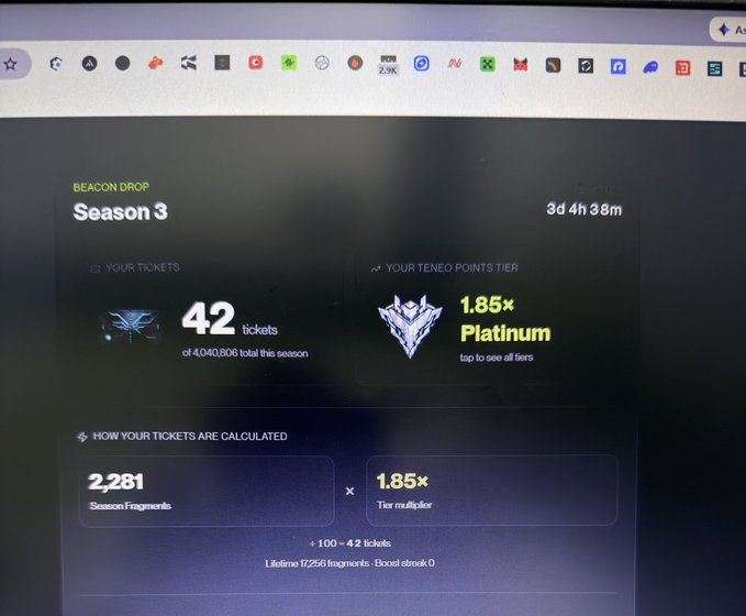 The image shows a Teneo Protocol dashboard for Season 3 with a countdown of "3d 4h 38m" remaining, displaying the user's current stats of 42 tickets (out of 4,040,806 total) and a 1.85x Platinum tier multiplier, calculated from 2,281 Season Fragments. This visual supports the post's message about Season 3 ending soon, prompting users to check their fragments and tickets before the reward distribution begins.